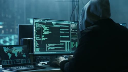 Hooded Hacker Coding at Night on Computers