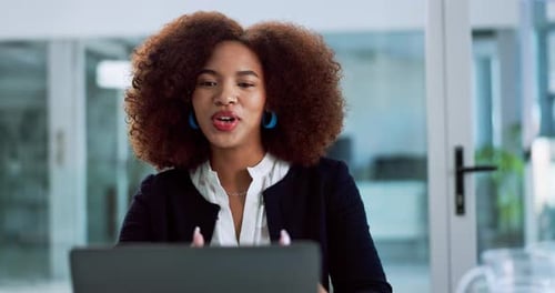 Video call, laptop and talking with business woman in office for webinar