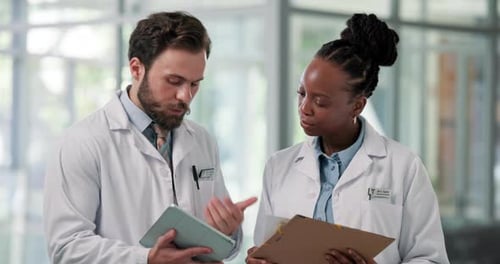 Meeting, documents and doctors on tablet in hospital for diagnosis, consulting and advice