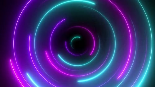 Neon glowing colourful circles on black background. Seamless looping animation