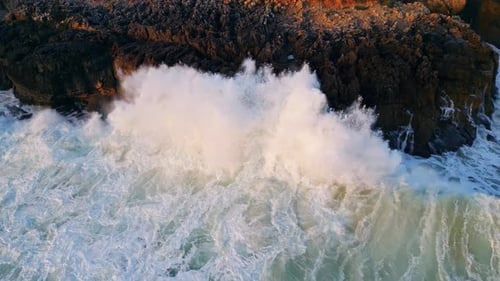 Coast Washed Foamy Ocean Water Drone View Sea Waves Crashing of Coastal Stones