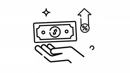 Animated Made in uk hand holds dollar bill line art with upward arrow and percentage sign.