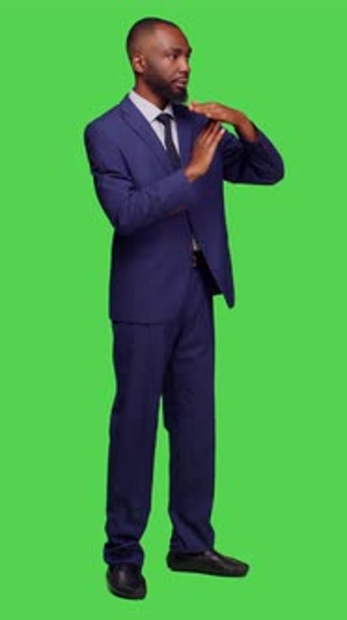 Vertical Video Side View of Company Worker Showing Timeout Pause Gesture