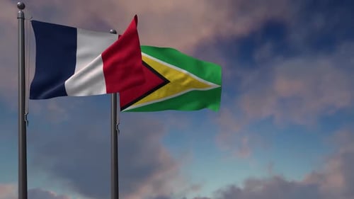 Guyana Flag Waving Along With The National Flag Of The France - 2K