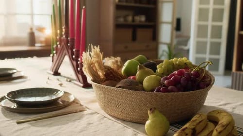 Close-up of Woven Basket Filled with Fresh Fruits on Festive Table