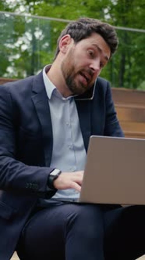 Angry Caucasian Businessman Arguing Mobile Phone Call Outdoors City Work Laptop Busy Employer