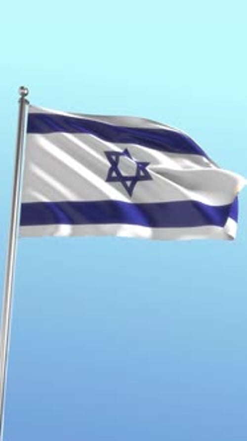 Realistic Israel Flag Waving on Pole with Blue Sky Background
