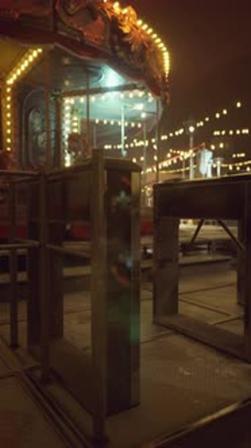 Illuminated Merry Go Round in an Abandoned Amusement Park at Night
