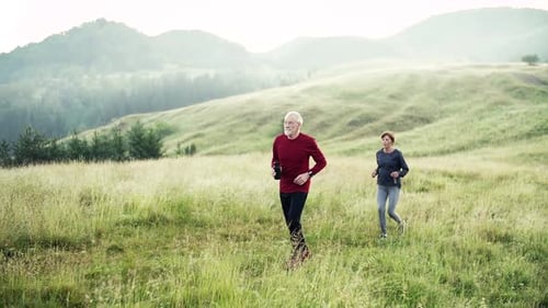 Senior Sporty Couple Running On Meadow Outdoors In Sunny Nature.