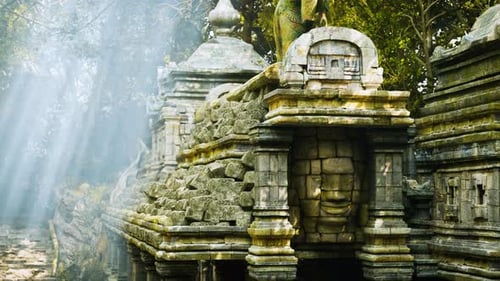 Ruines d'anciens temples au Cambodge baignées d'une lumière mystique