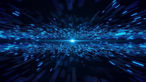 Blue Digital Space Sci Fi Tunnel Metaverse with Luminous Particles Wavy Hologram HUD 3d