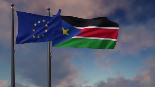 European Union and South Sudan Flags Waving