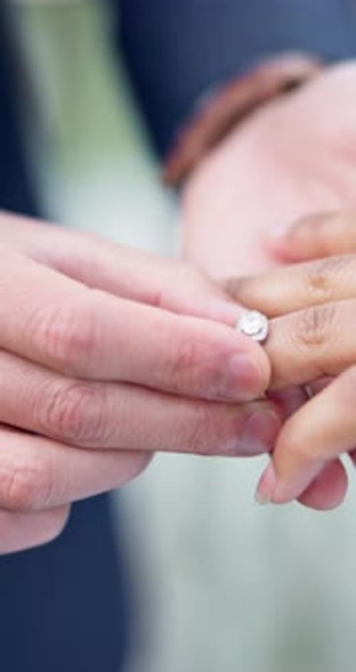 Diamond, couple hands and wedding ring closeup with love, commitment and trust at ceremony