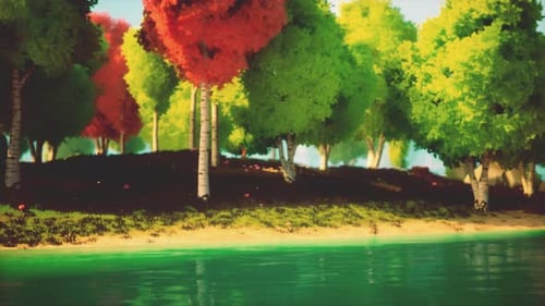 Colorful Cartoon Forest at Sunset