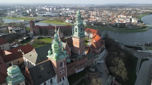 Orbit Flight Around the Wawel Royal Castle Early Morning at Dawn Cracow Poland