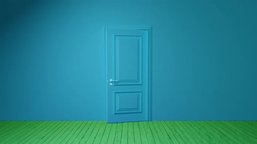 Turquoise door opening on dark room with green floor