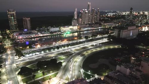 Cityscape of Puerto Madero Buenos Aires Argentina Aerial Drone Fly at Night Above Famous Touristic D