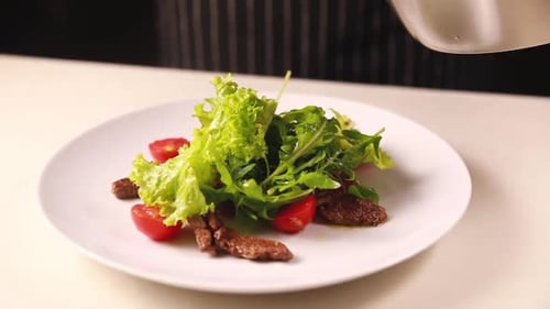 Salad With Steak and Tomatoes On Plate