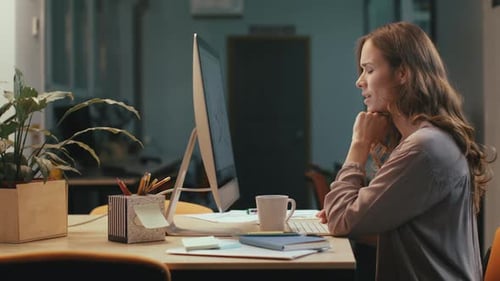 Woman Working at Desk Using Computer in Office
