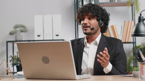 Businessman Working on Laptop Wearing Headset Call Center Support Service Operator Office Helpline