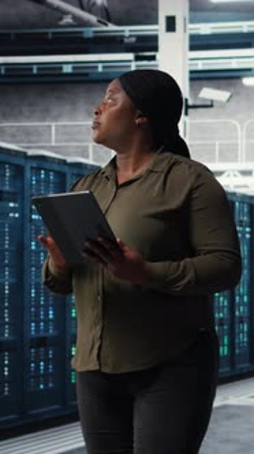 Vertikaler Video-Rechenzentrumsadministrator überwacht Rechenzentrumsmetriken auf dem Tablet