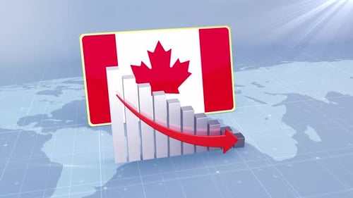 Canada Flag With Decrease Bar Chart Graph And Arrow Red
