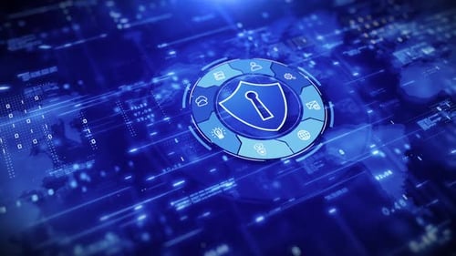 Futuristic Digital Cybersecurity Shield Icons on Global Network Background
