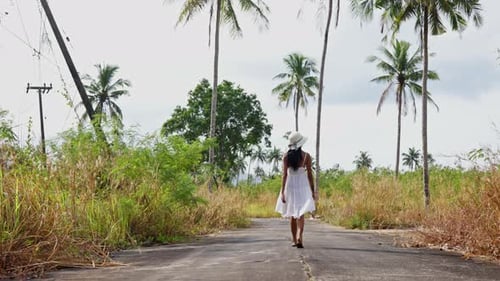 Woman Walking Down Palm Tree Lined Road
