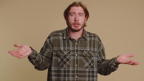 Confused Man Feeling Embarrassed About Ambiguous Question Having Doubts No Idea Clueless Uncertain