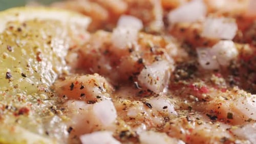 Chilean Salmon Seviche with Pouring Lemon Lime and Grapefruit Juice Onion Healthy Diet Food Close Up