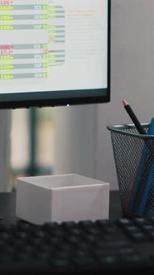 Vertical Video Stock Trading Economic Analytics Figures on PC Screen Close Up Shot