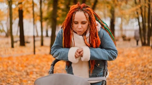 Beautiful Mother with Stroller in Autumn Park Motherhood Concept