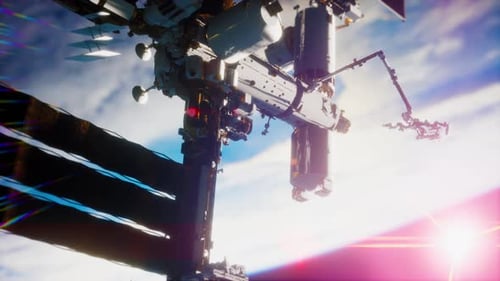 Close Up ISS Flying Over Earth Globe Atmosphere