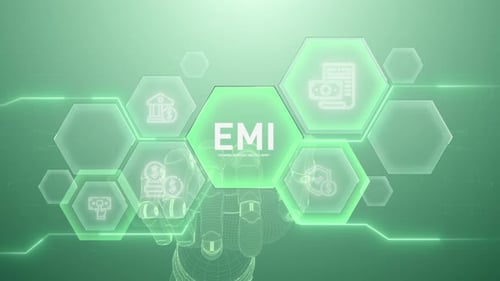 Futuristic Hand Interacting with EMI Financial Hexagon Icons