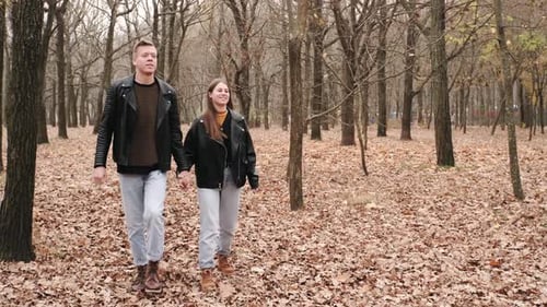 Glückliches junges verliebtes Paar, das im Herbstpark spazieren geht, sich umarmt, küsst