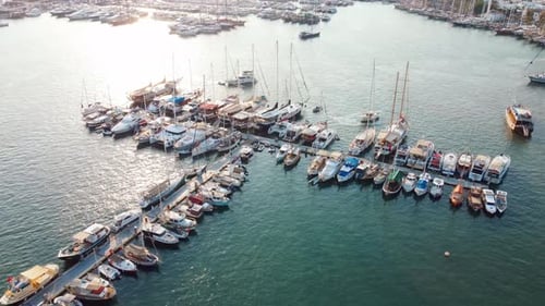 Sea yachts at sunset in yacht port of Bodrum. Sunset Yacht Scene.