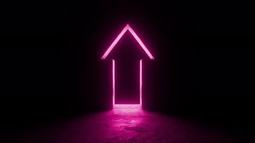 Neon pink glowing up arrow shaped door opening