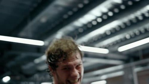 Pov View Stress Kickboxer Making Blows at Gym. Closeup Agitated Sportsman Exercising