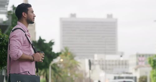 Commuting, employee and man with coffee, street and travel to work in morning, outdoor or journey