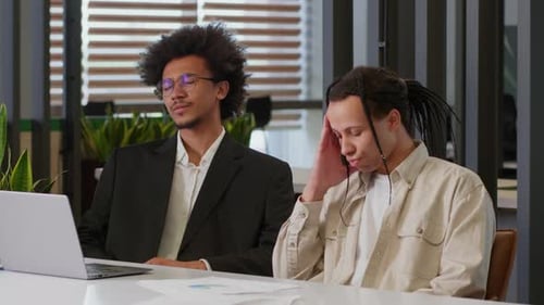 Two African American Men Business Guys Colleagues Desperate Stressed Worried Businessmen Coworkers