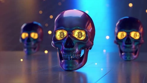 Metallic Purple Skull with Bitcoins in Its Eye Sockets Moving Forward on a Reflective Surface Other