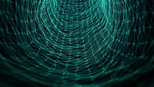 Seamless looped plexus tunnel with waves of bright blue lines and dots glowing on a dark background