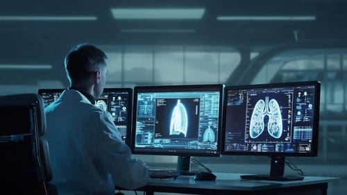 Doctor Working at Futuristic Office Multiple Monitors Displaying Medical Images Data and Body Scans