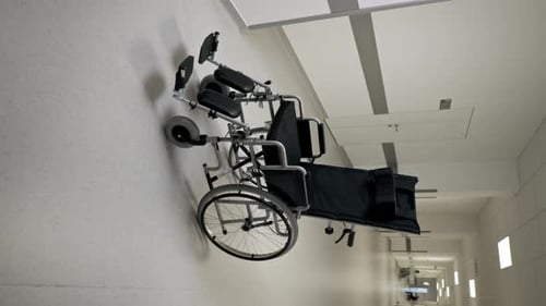 Vertical Video in a Modern Clinic in White Corridor There is a New Black Chair for the Disabled