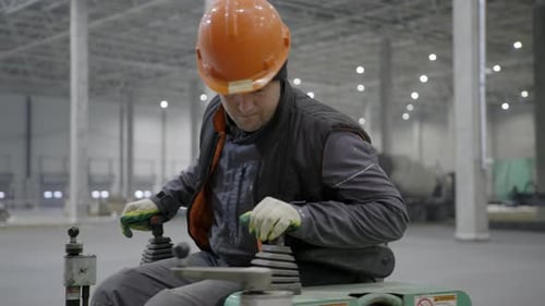 Man Operates Construction Machinery in Warehouse