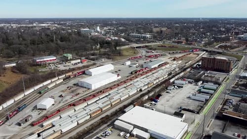 Drone shot of a train yard in Lexington, Kentucky.
