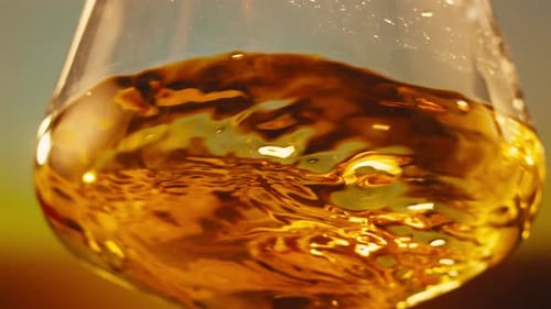 Orange or White Wine Bottle and Glass Against a Sunset in a Peaceful Vineyard Pouring of Ecological