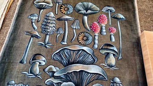 Traditional graffiti of mushrooms on canvas.