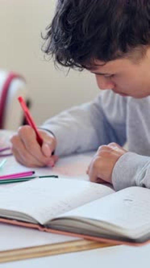 Education, writing and student with sticky note in high school for annotation