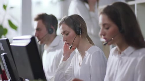 Portrait Young People Operator Taking Calls Smile in Call Center Office Business Worker Computer